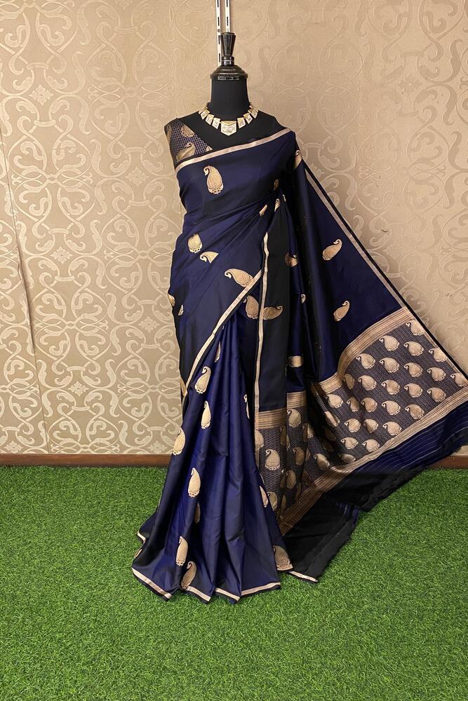 Deep navy blue Katan Mashru silk Banarasi handloom saree with unstiched blouse, traditional wear by Saarang Sarees.