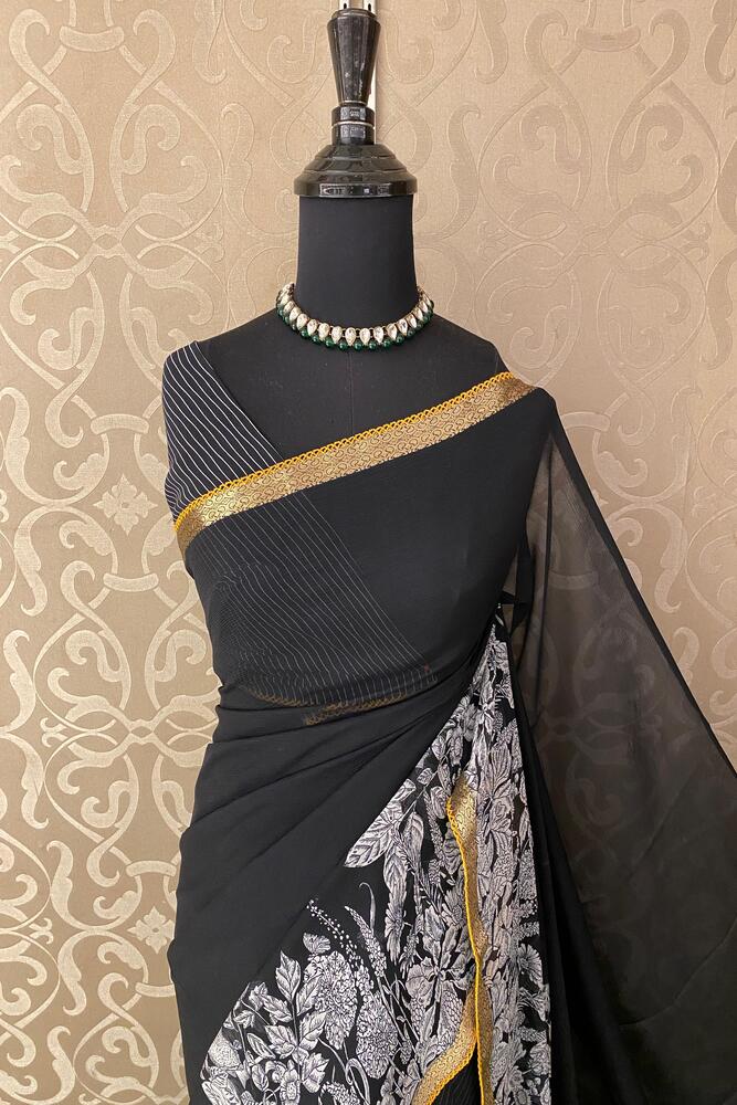 Black Chiffon Saree, With Unstiched Blouse
