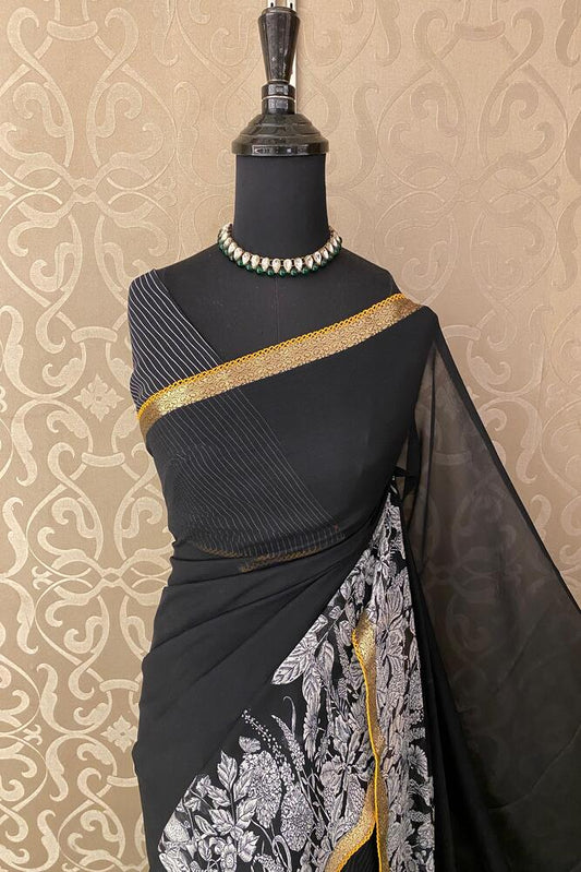Black Chiffon Saree, With Unstiched Blouse