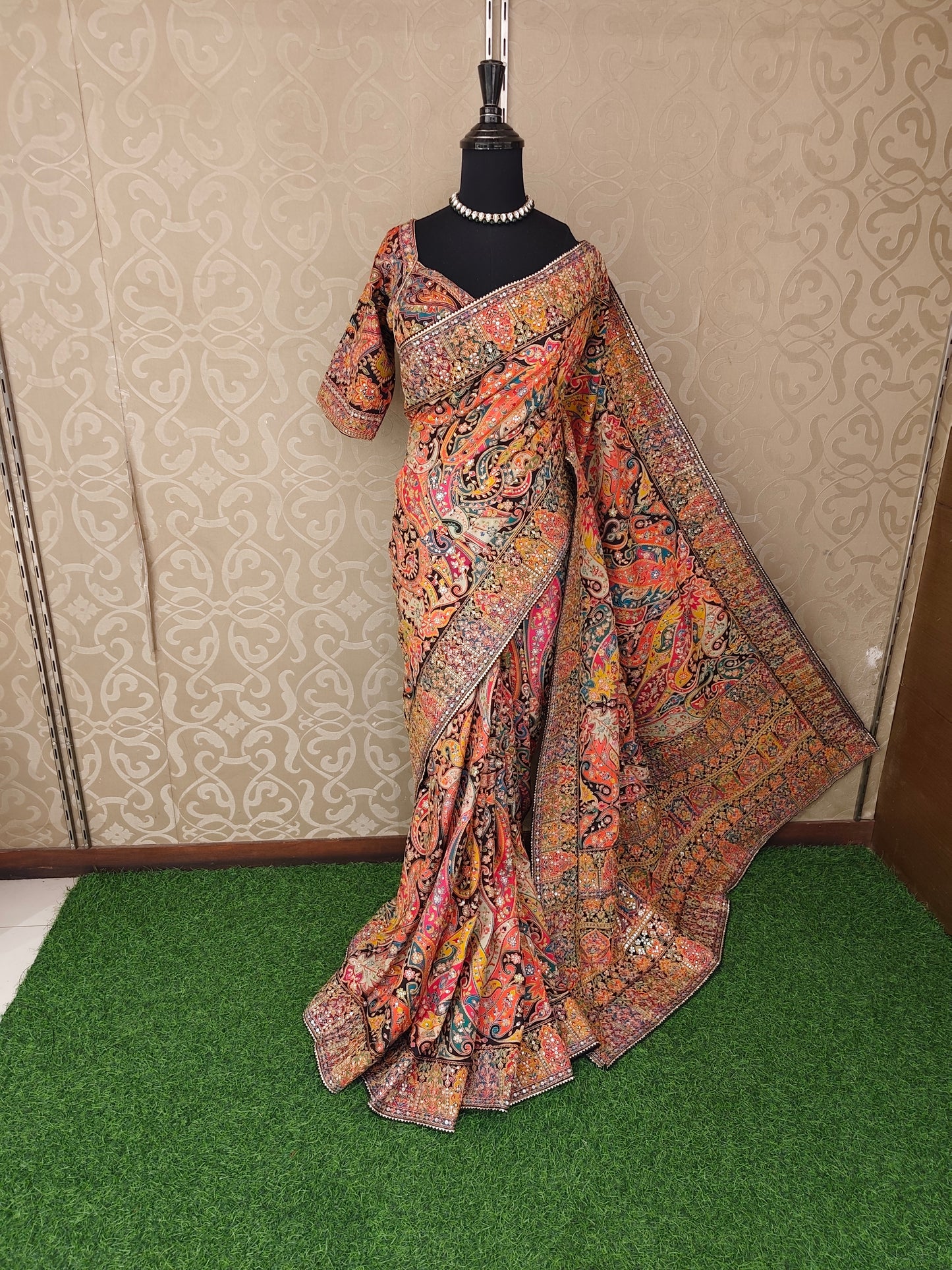 Multi Cocktail Satin Crepe Saree, With Unstiched Blouse