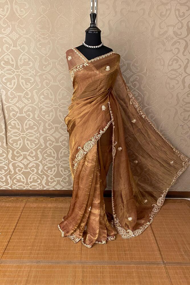 Golden Brown Tissue Silk Embroidery Saree, With Unstiched Blouse