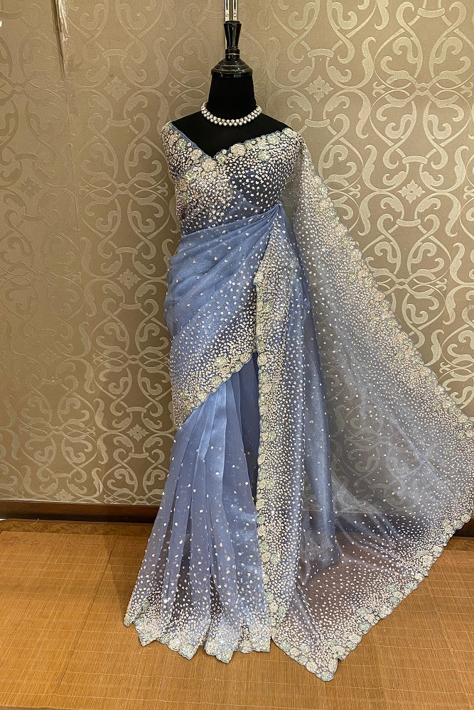 Powder Blue Organza Silk Saree With Sequence Work, With Unstiched Blouse