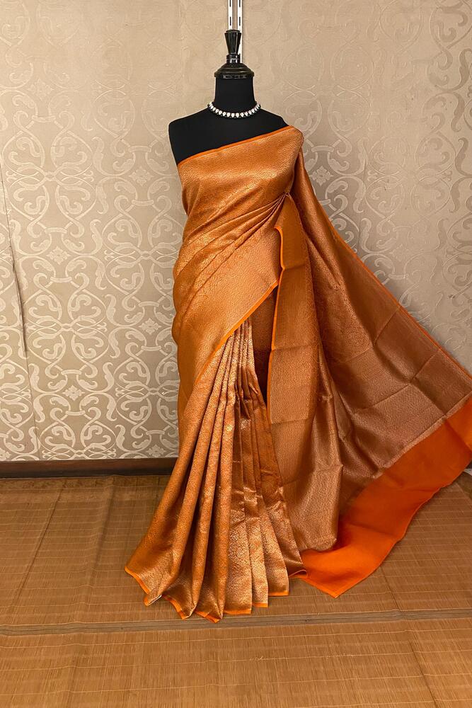 Saffron Brocade Kora Banarasi Silk Saree, With Unstiched Blouse