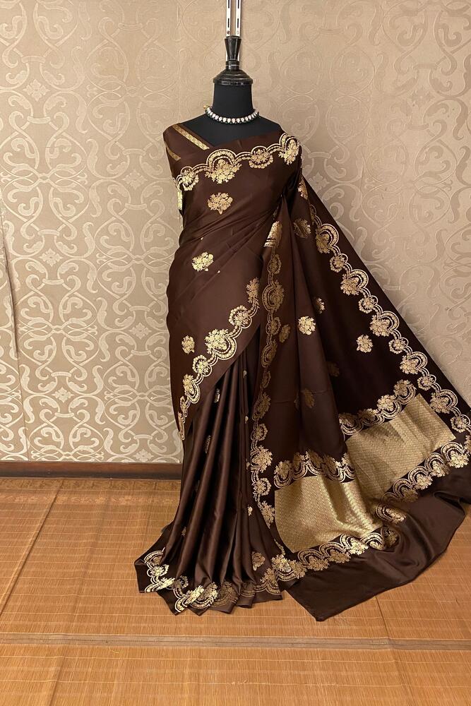 Coffee Mashru Silk Banarasi Handloom Saree, With Unstiched Blouse