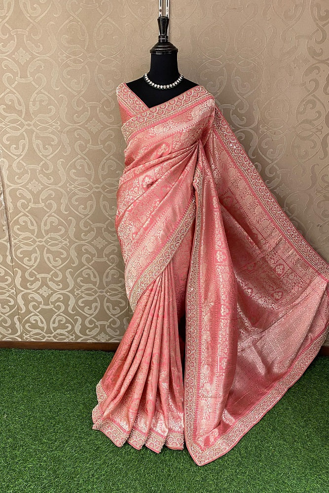 Pink Banarasi Silk Saree With Embroidery Border Work, With Unstiched Blouse