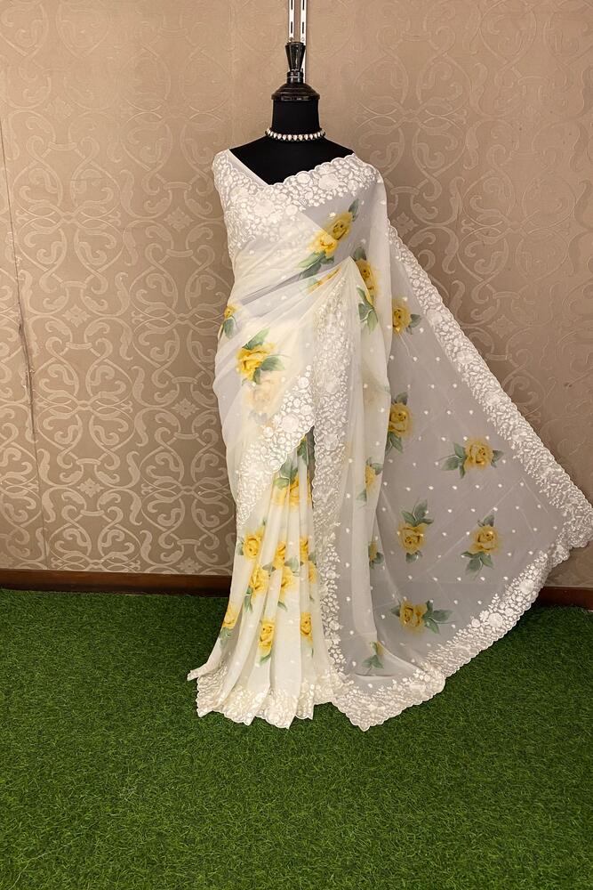 Off-White Printed Georgette Saree With Resham Embroidery Work, With Unstiched Blouse