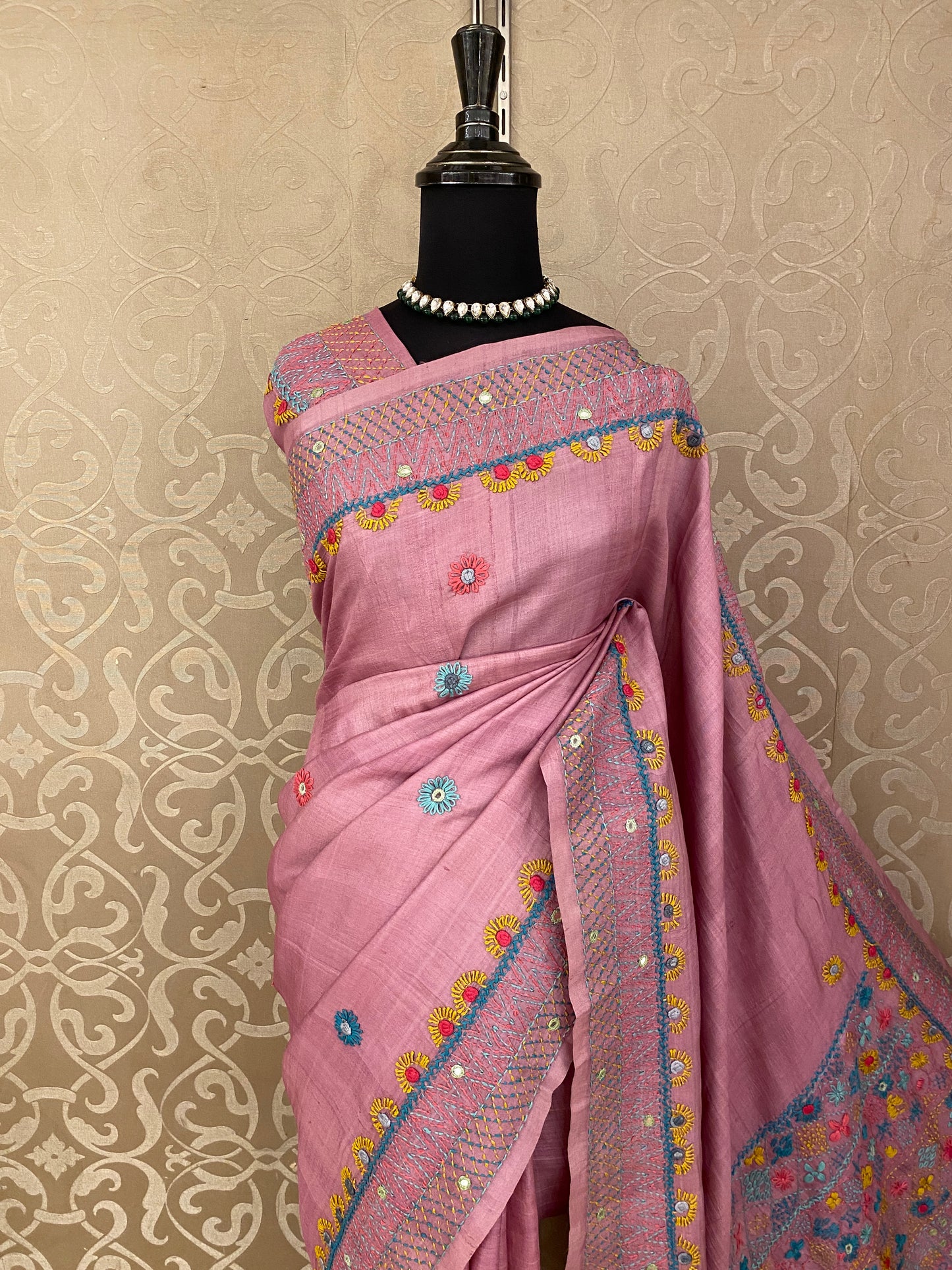 Pink Tussar Embroidery Saree With Lambani Work Border, With Unstitched Blouse