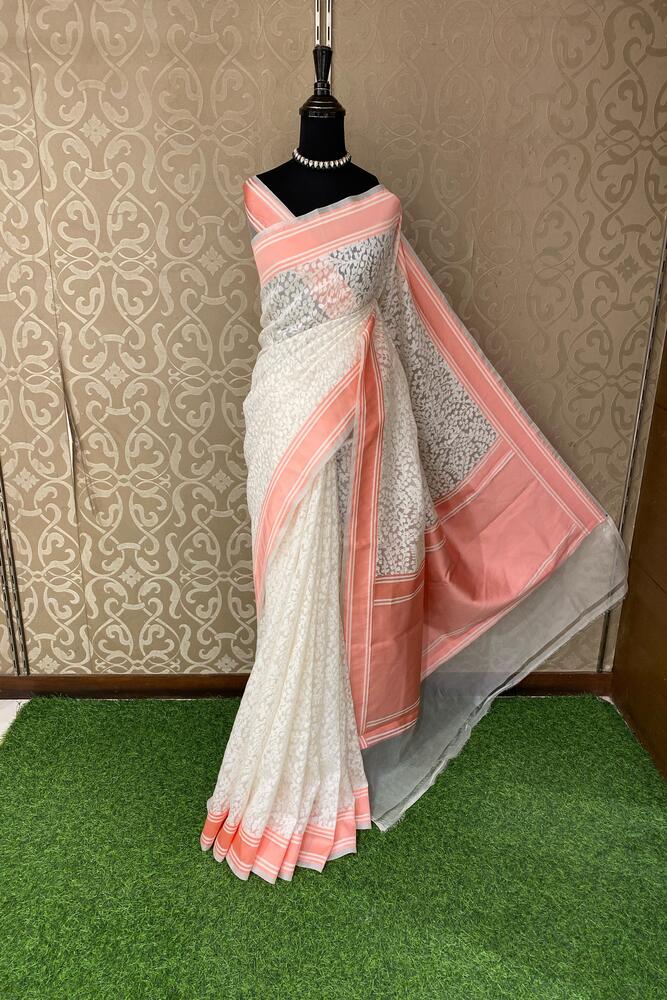 White Muslin Jamdani Saree, With Unstiched Blouse