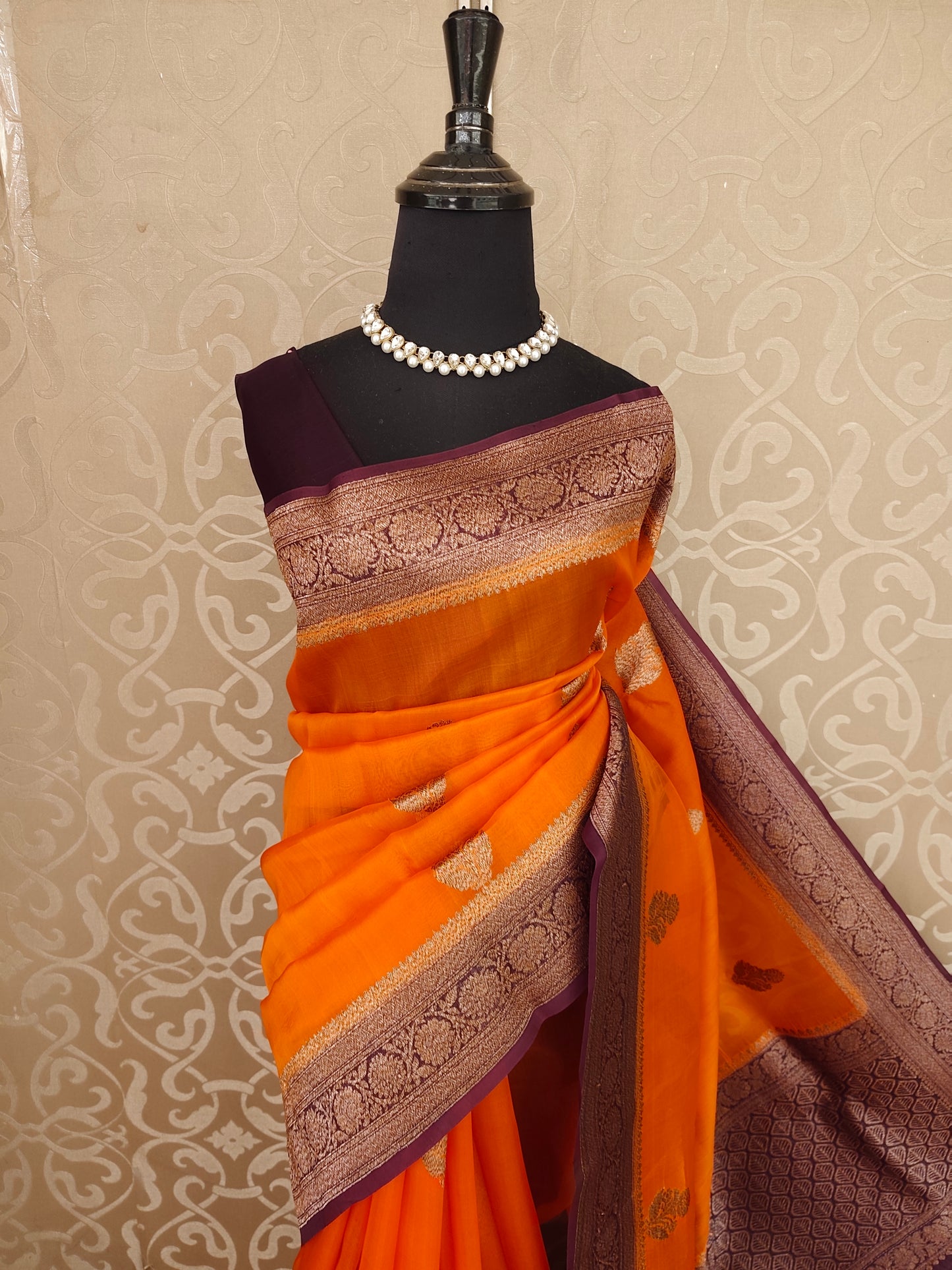 Saffron Kora Banarasi Silk Saree, With Unstiched Blouse