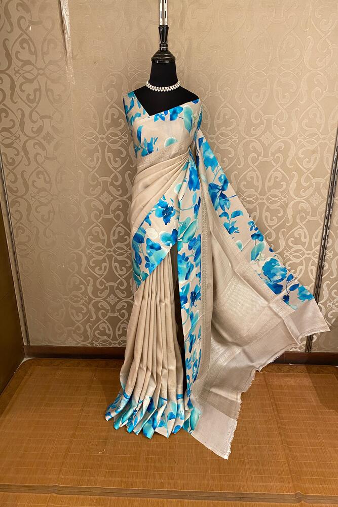 Beige Tussar Banarasi saree with intricate digital mashru border work, traditional wear by Saarang Sarees.