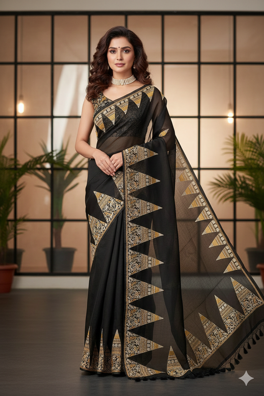 Black Organza Printed Saree With Pita Zari Border, With Unstiched Blouse