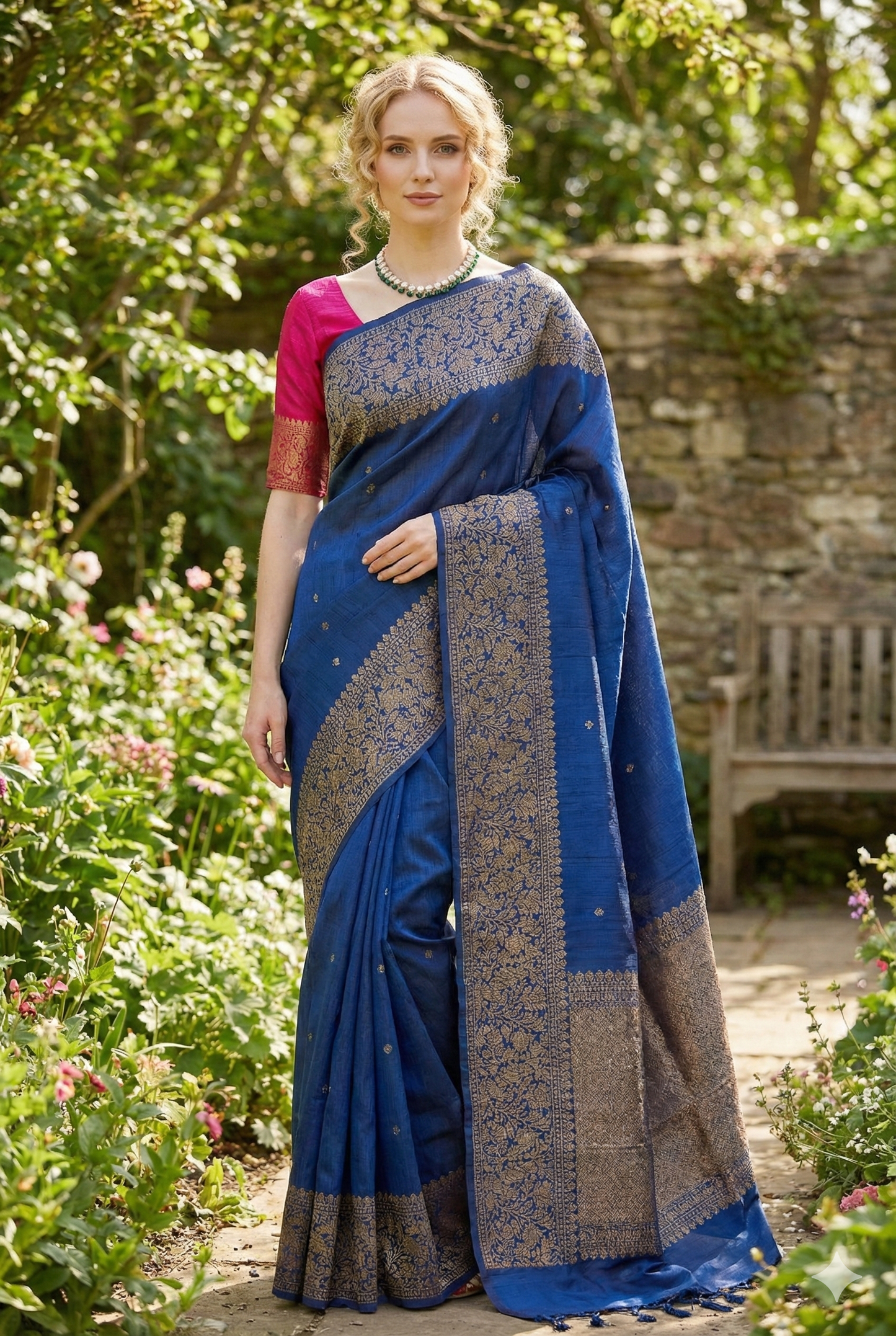 Blue Pure Raw Tussar Banarasi Silk Saree, Hand Woven Motifs With Unstiched Blouse