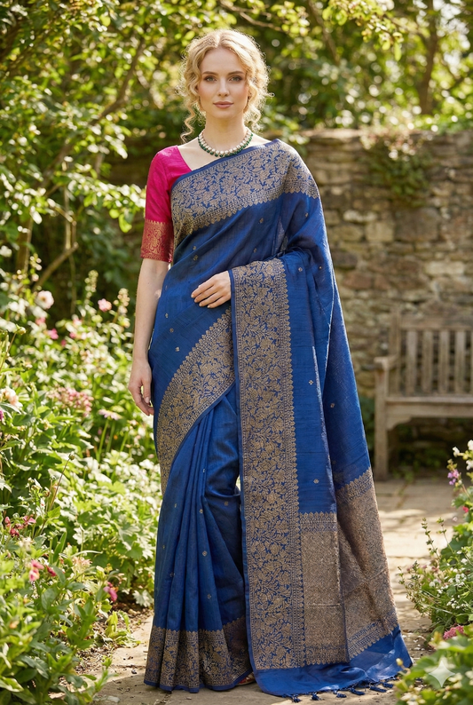 Blue Pure Raw Tussar Banarasi Silk Saree, Hand Woven Motifs With Unstiched Blouse