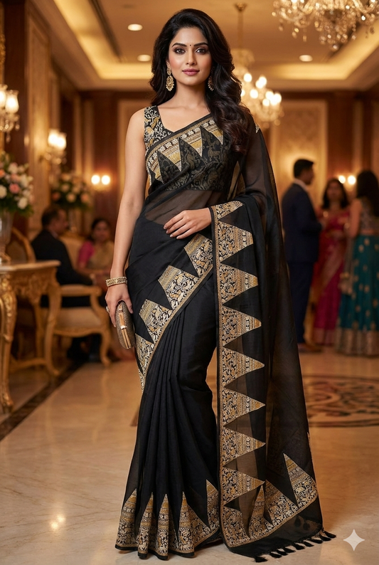 Black Organza Printed Saree With Pita Zari Border, With Unstiched Blouse