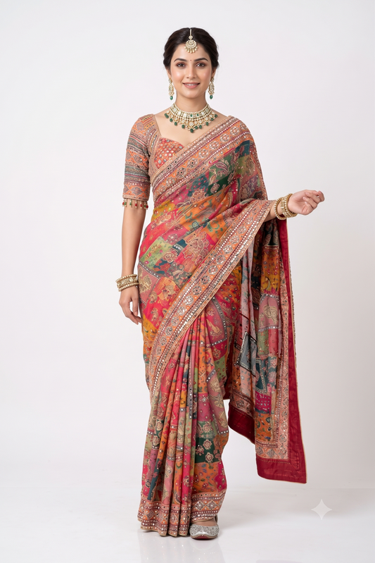 Multi Crepe Georgette Saree With Mirror Work, With Unstiched Blouse