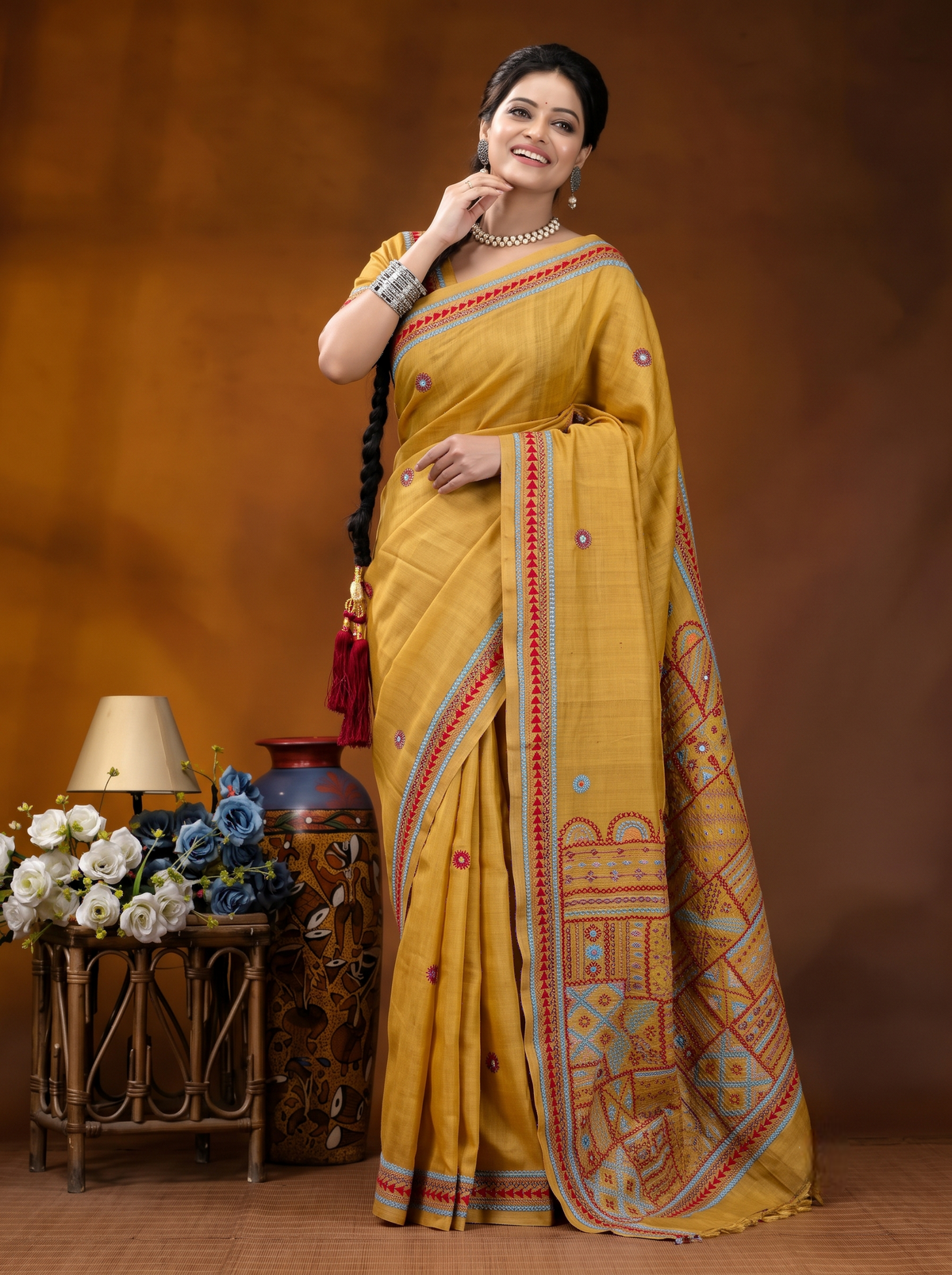 Mustard Yellow Tussar Embroidery Saree With Lambani Work Border, With Unstitched Blouse