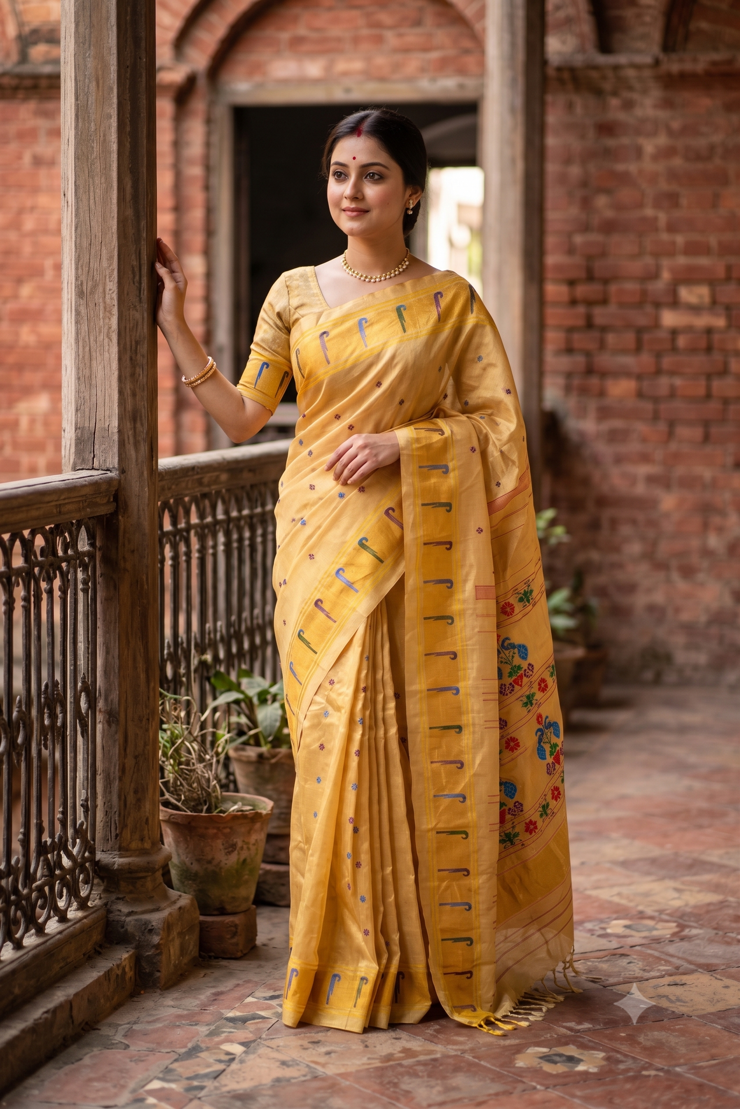Yellow Gadwal Silk Sarees With Paithani Work, With Unstiched Blouse