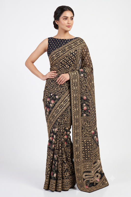Black Georgette Embroidery Work Saree, With Unstiched Blouse