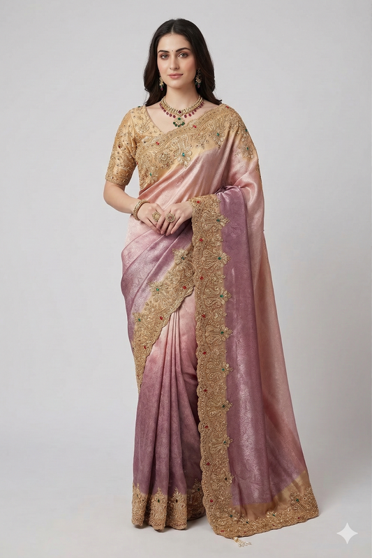 Pink and purple Banarasi silk saree with embroidery work, party wear, featuring an unstiched blouse from Saarang Sarees.