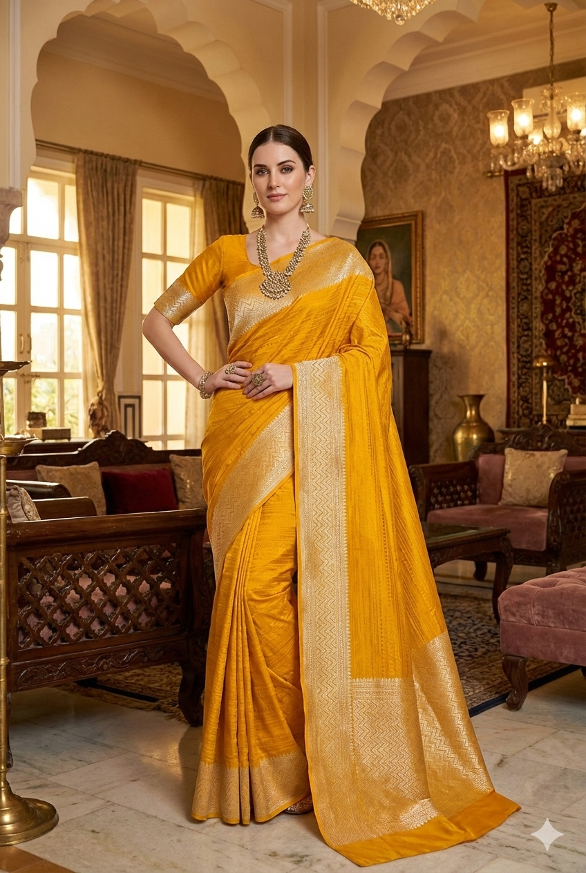 Mustard Yellow Tanchoi Silk Saree Self Weaving With Unstiched Blouse