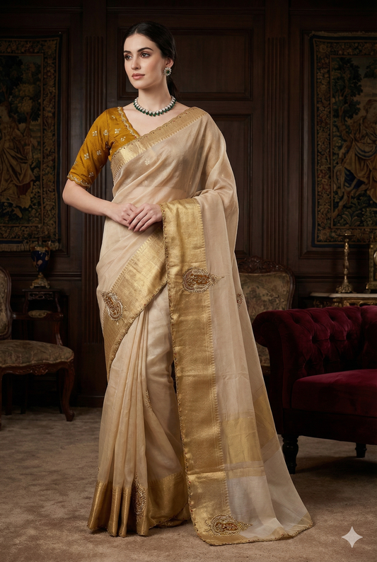 Offwhite Tissue Silk Embroidery Saree, With Unstiched Blouse
