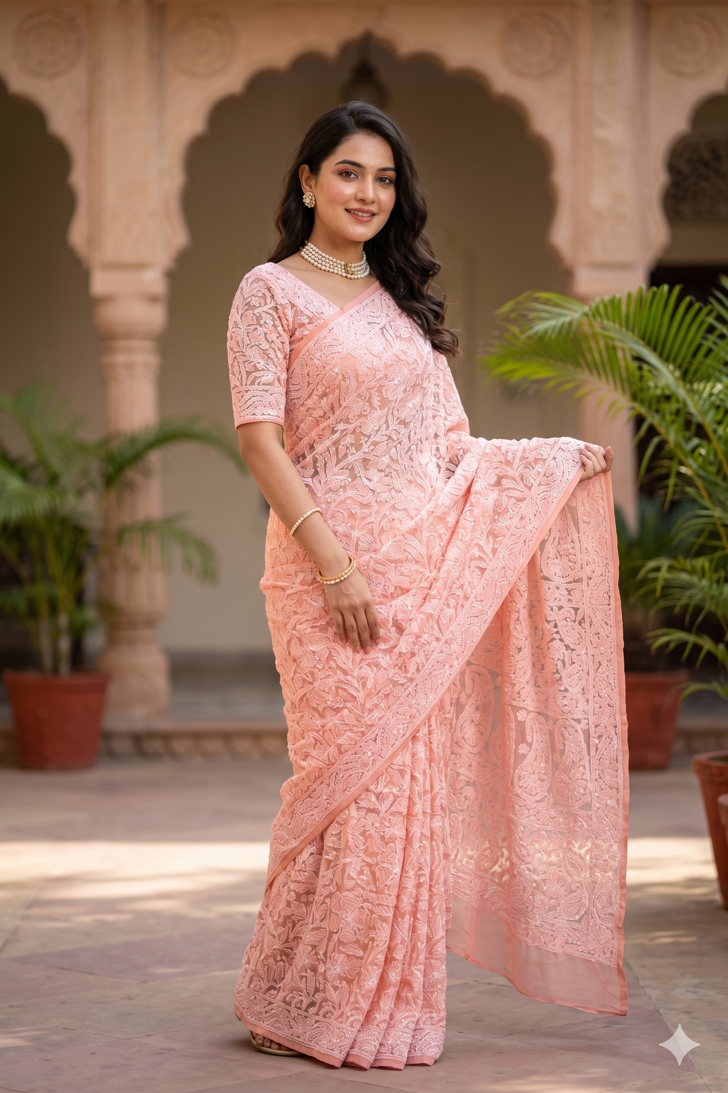 Peach Georgette Hand Chikankari Work Saree, With Unstiched Blouse