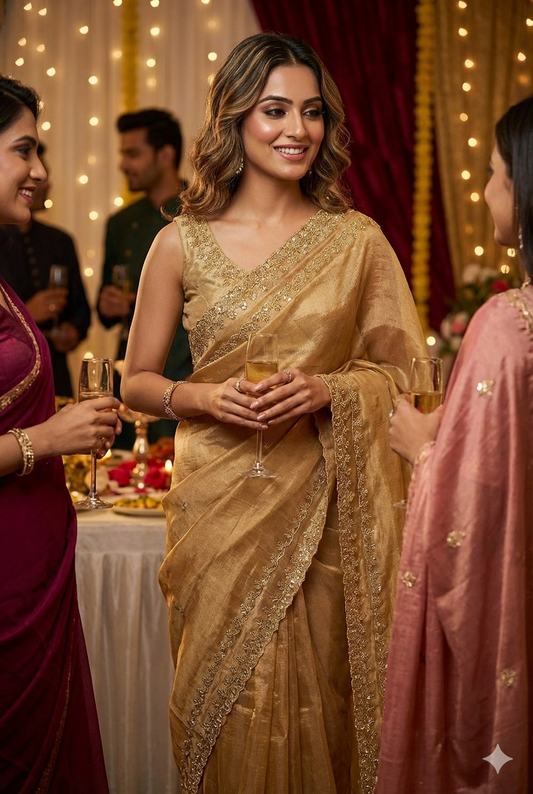 Golden Tissue Embroidery Saree, With Unstiched Blouse