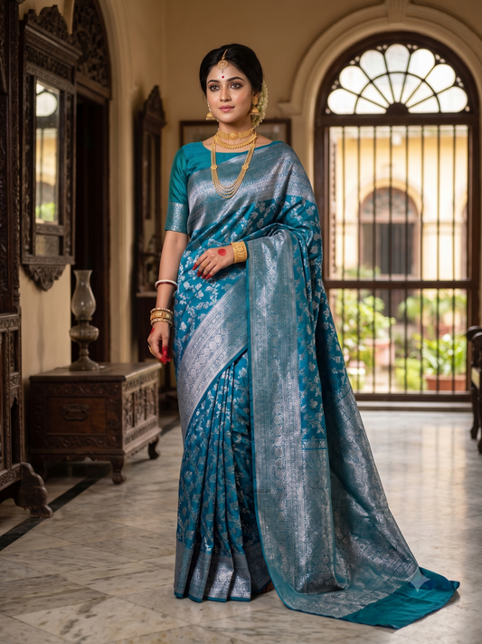 Rama Blue Pure Kanjeevaram Silk Saree, With Unstiched Blouse