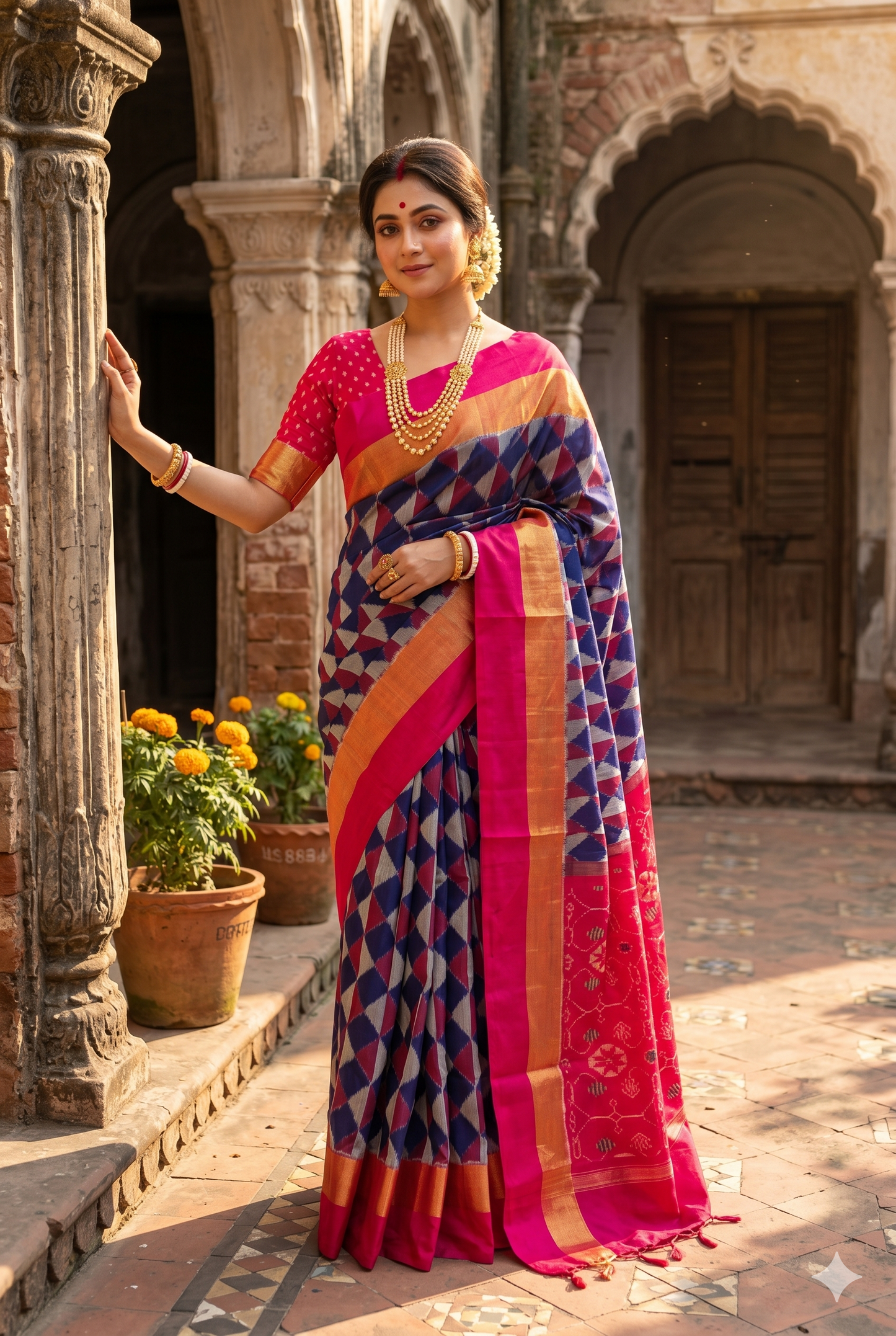 Multi Pochampally Ikat silk saree from Saarang Sarees with vibrant traditional weaving and an unstiched blouse for elegant traditional wear.