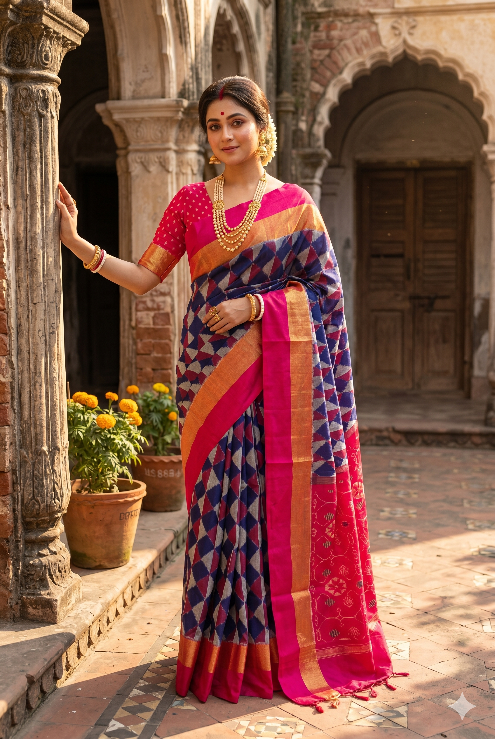 Multi Pochampally Ikat silk saree from Saarang Sarees with vibrant traditional weaving and an unstiched blouse for elegant traditional wear.