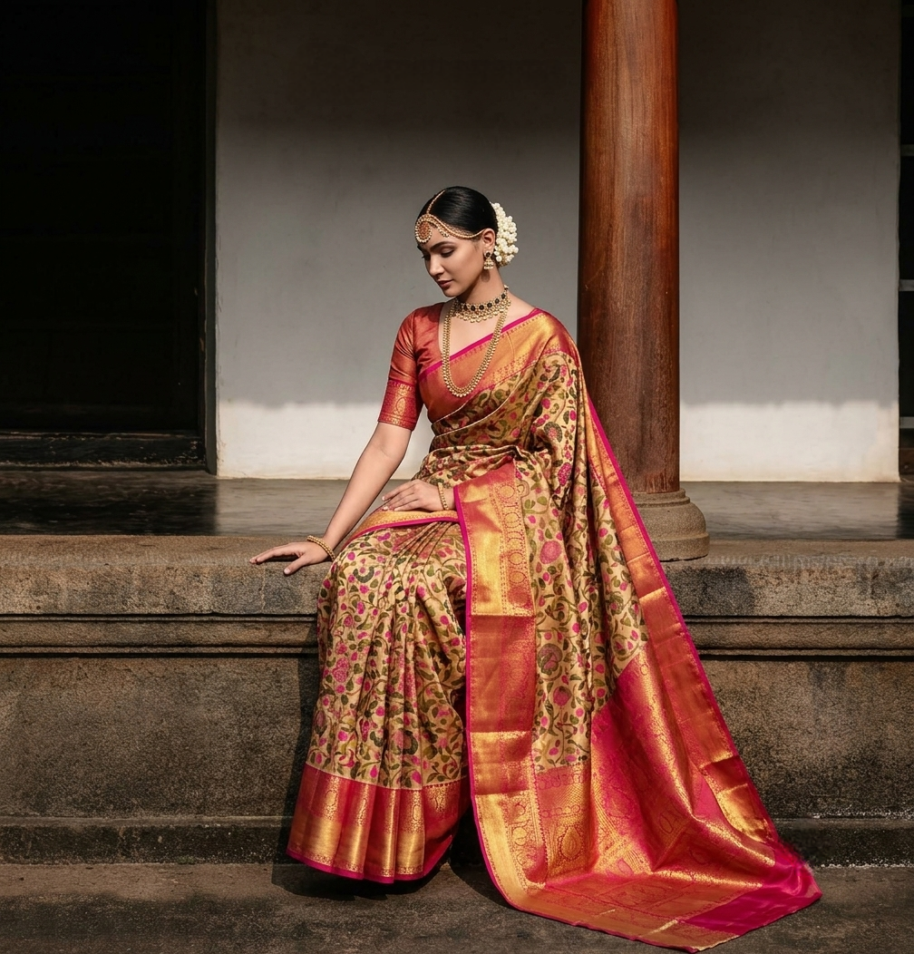 Golden Pure Kanjeevaram Silk Saree, With Unstiched Blouse