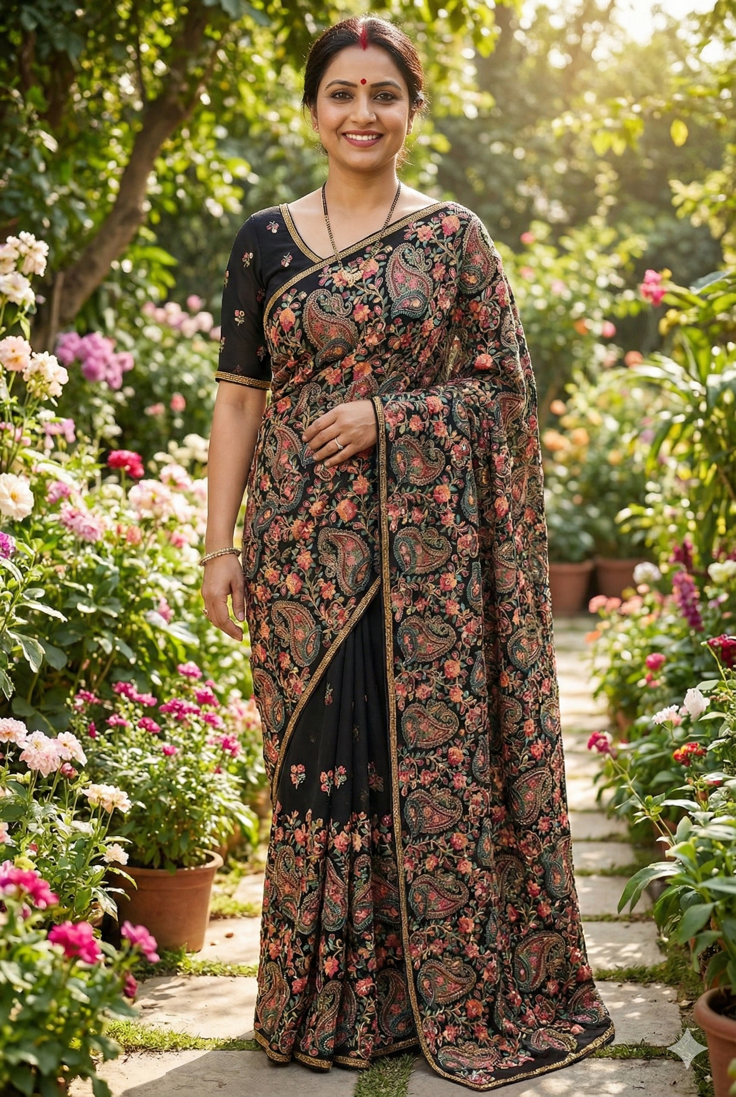 Black Georgette Saree With Kashmiri Work, With Unstiched Blouse