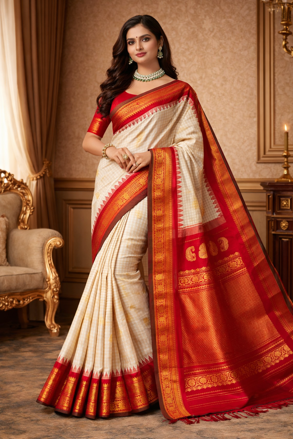 Offwhite Gadwal Silk Saree With Unstiched Contrast Blouse