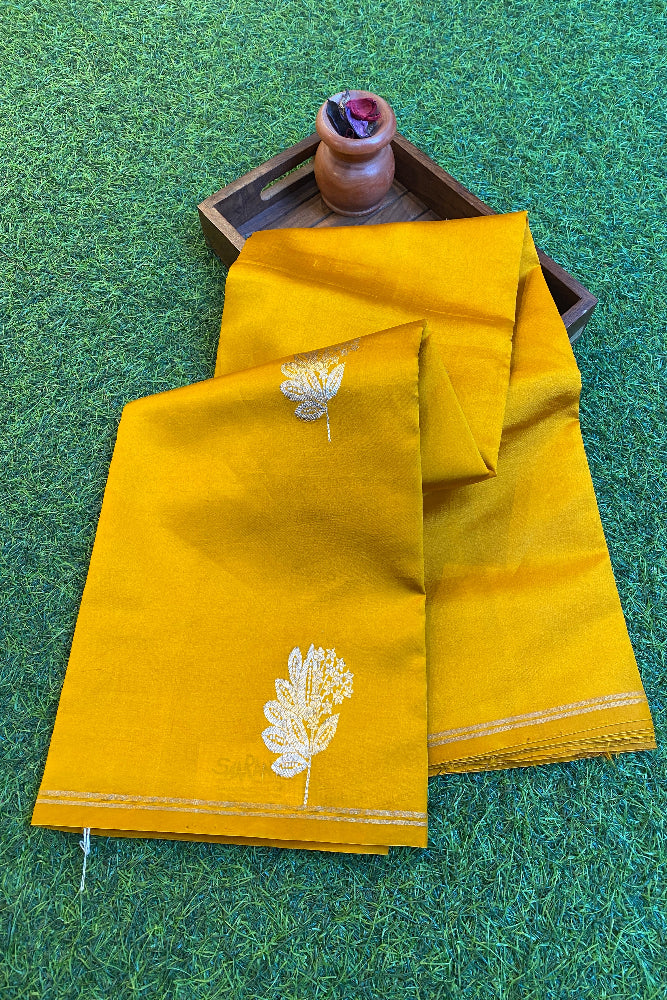 Mustard Yellow Poona Silk Saree Golden Zari Woven Buttas, With Unstich Blouse
