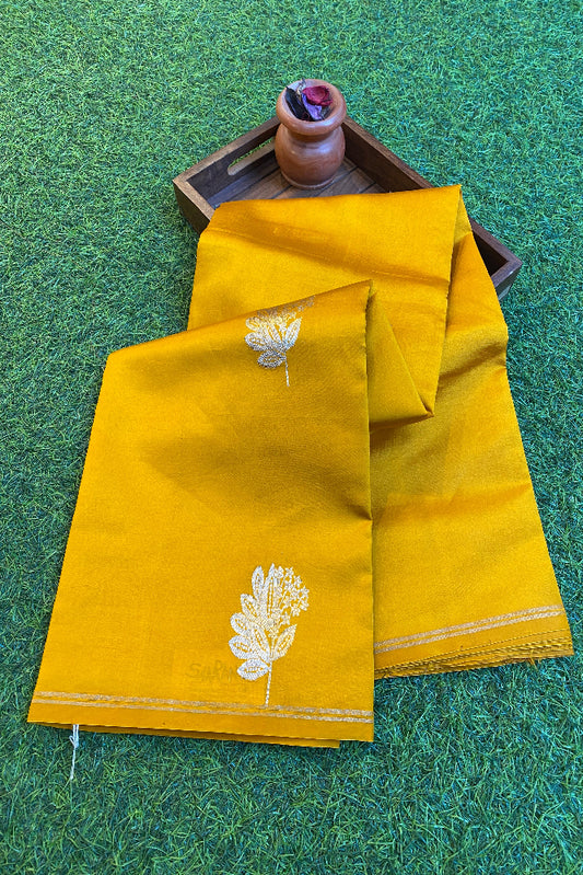 Mustard Yellow Poona Silk Saree Golden Zari Woven Buttas, With Unstich Blouse