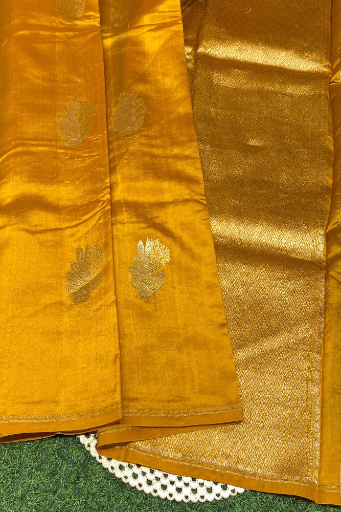 Mustard Yellow Poona Silk Saree Golden Zari Woven Buttas, With Unstich Blouse