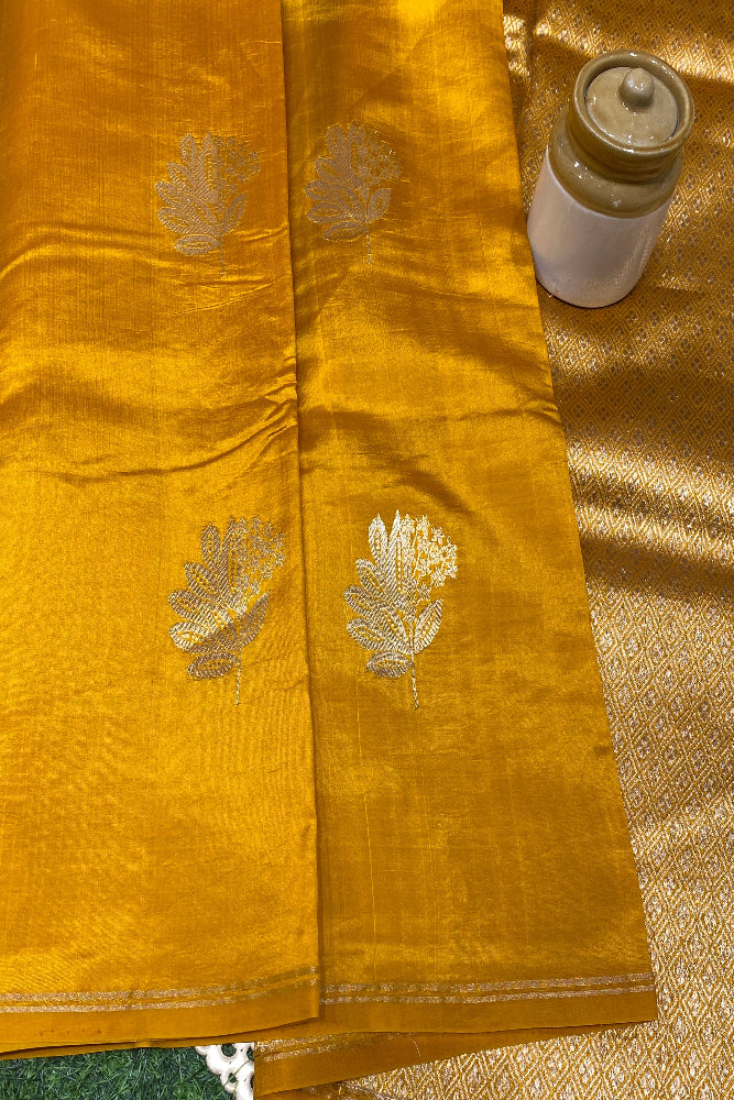 Mustard Yellow Poona Silk Saree Golden Zari Woven Buttas, With Unstich Blouse