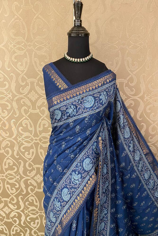 Deep blue Munga silk saree with printed design and kantha work, paired with an unstitch blouse from Saarang Sarees.