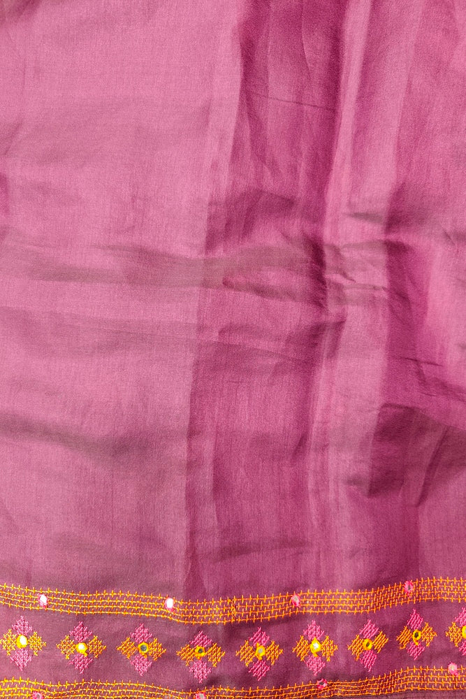 Deep Purple Semi Munga Silk Cross Stitch Work Saree, With Unstiched Blouse