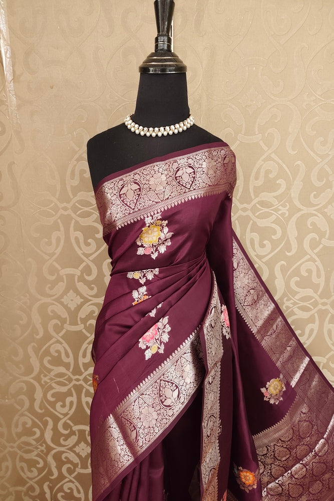 Wine Chiniya Silk Saree Hand Woven Butas, With Unstiched Blouse