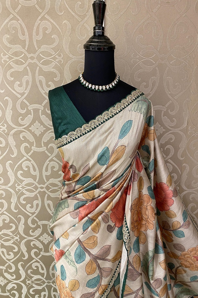 Offwhite Tussar Silk Printed Saree With Embroidery Border, With Unstiched Blouse