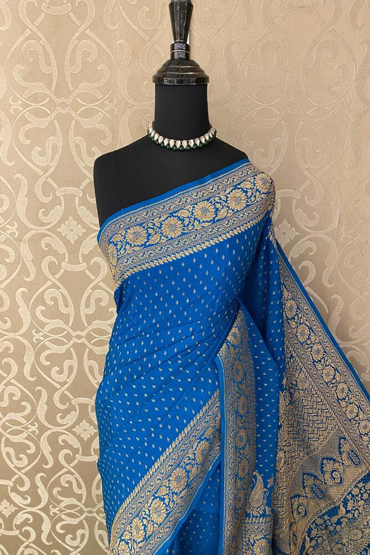 Royal Blue Crepe Khaddi Banarasi Silk Saree With Unstiched Blouse