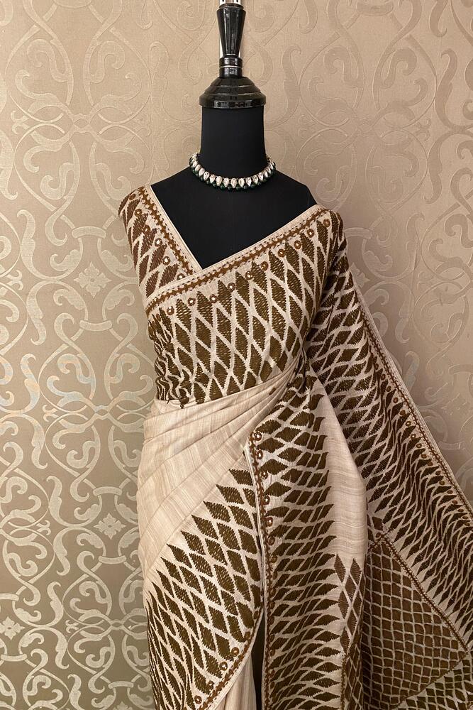Off-White Tussar Embroidery Saree With Kathiawari Work Border, With Unstitched Blouse