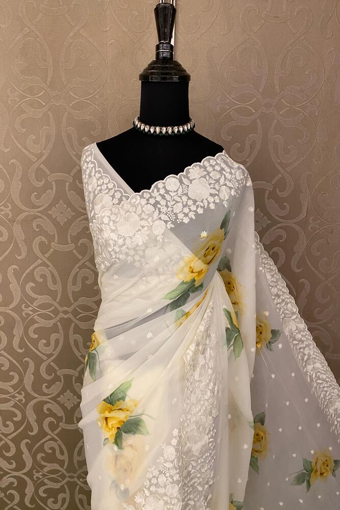 Off-White Printed Georgette Saree With Resham Embroidery Work, With Unstiched Blouse