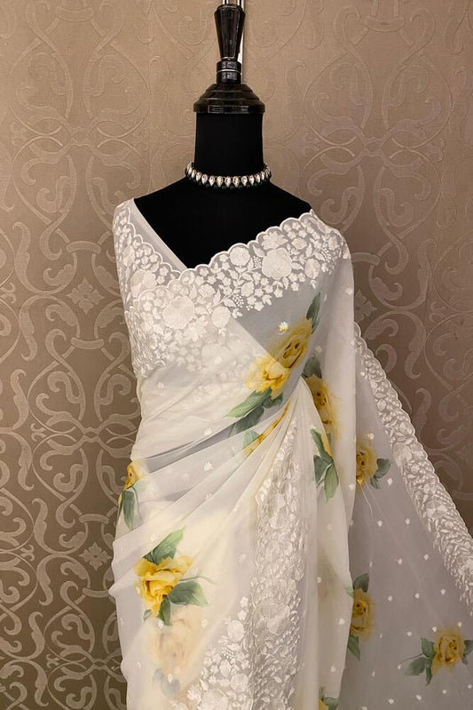 Off-White Printed Georgette Saree With Resham Embroidery Work, With Unstiched Blouse