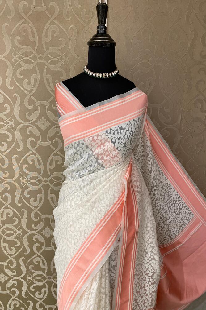 White Muslin Jamdani Saree, With Unstiched Blouse