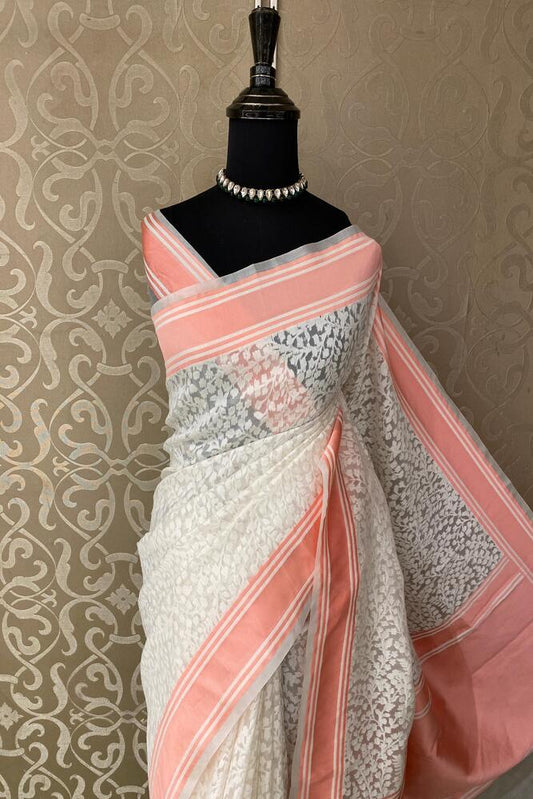 White Muslin Jamdani Saree, With Unstiched Blouse