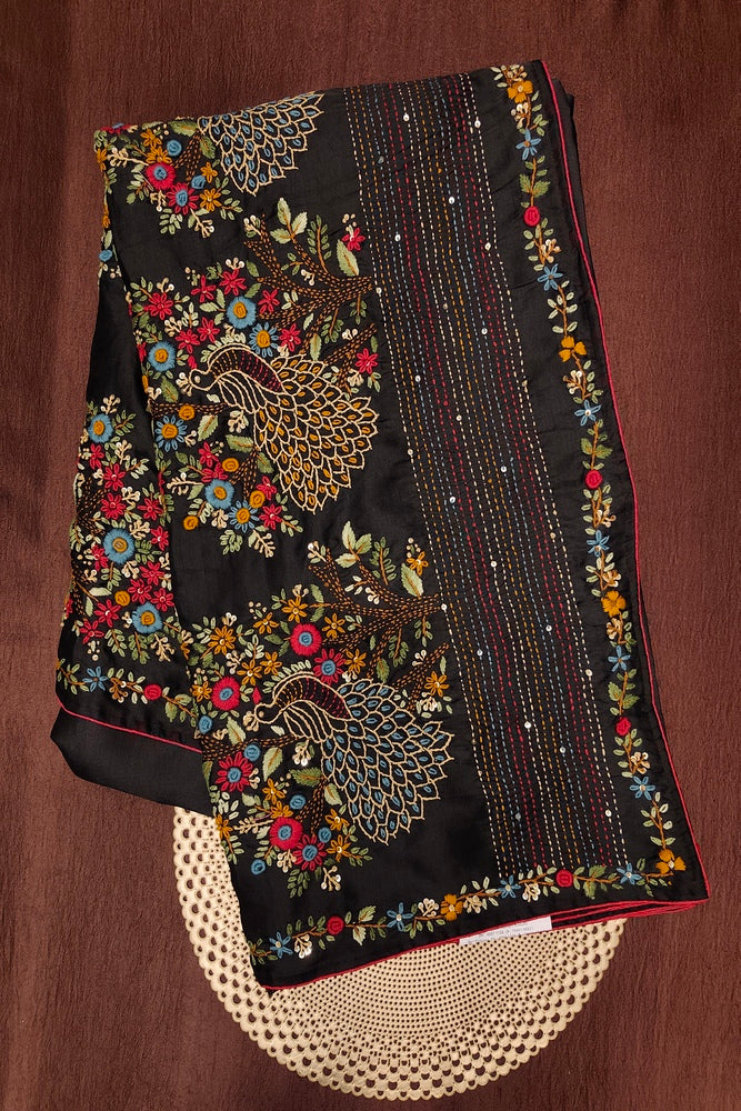 Black Semi Munga Silk French Knot Hand Embroidery Work Saree, With Unstiched Blouse