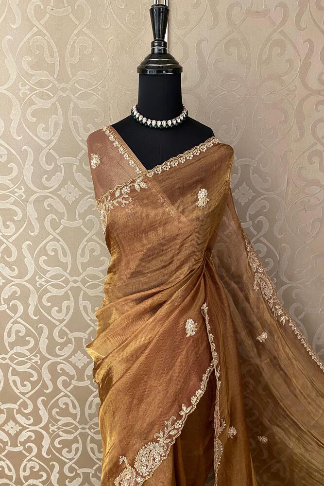 Golden Brown Tissue Silk Embroidery Saree, With Unstiched Blouse