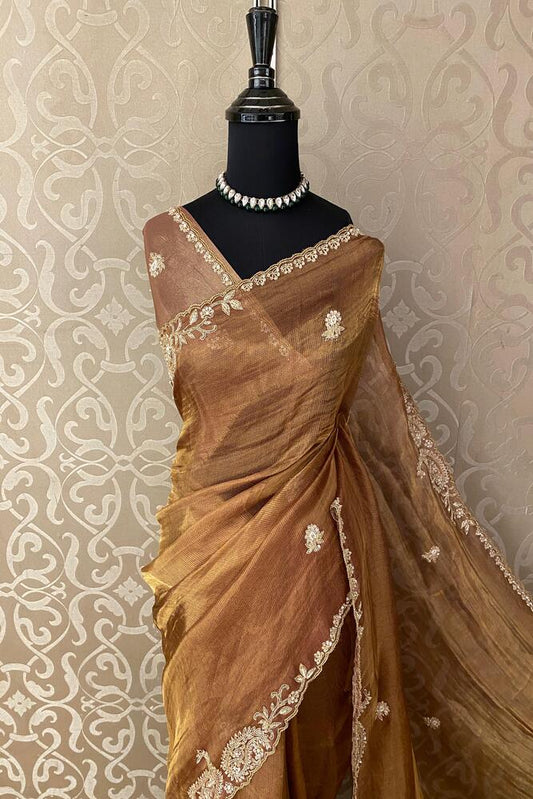 Golden Brown Tissue Silk Embroidery Saree, With Unstiched Blouse